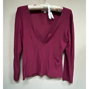 Lili Lalande Paris Womens Long Sleeve Knit Top Size 2 Maroon Eyelet Neck Stretch